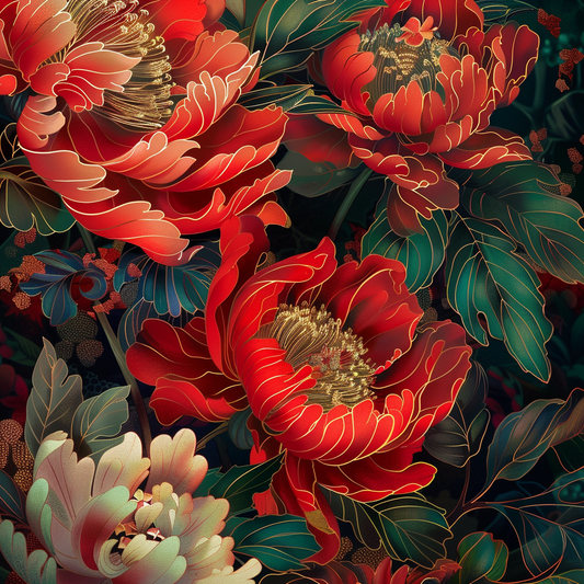 Gold Lined Red Petal Flowers Diamond Art Kit