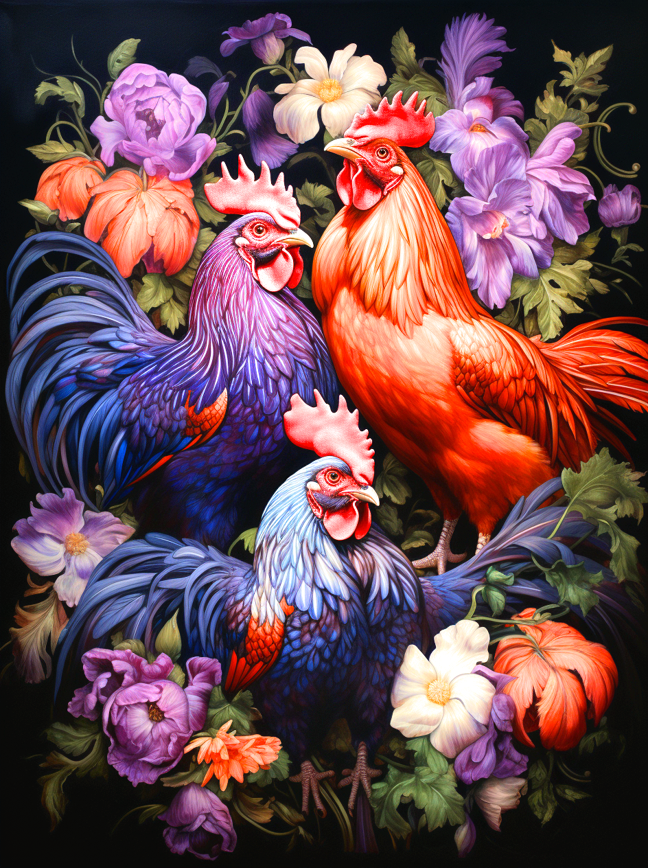 Three Abstract Roosters Flowers Diamond Art Kit