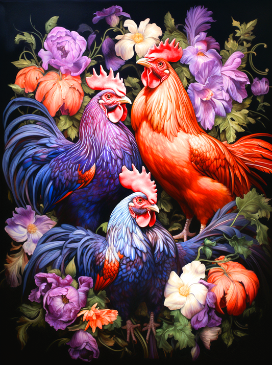 Three Abstract Roosters Flowers Diamond Art Kit