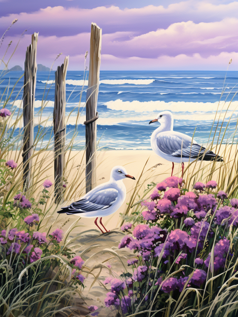Seagulls Flowers Beach Diamond Art Kit