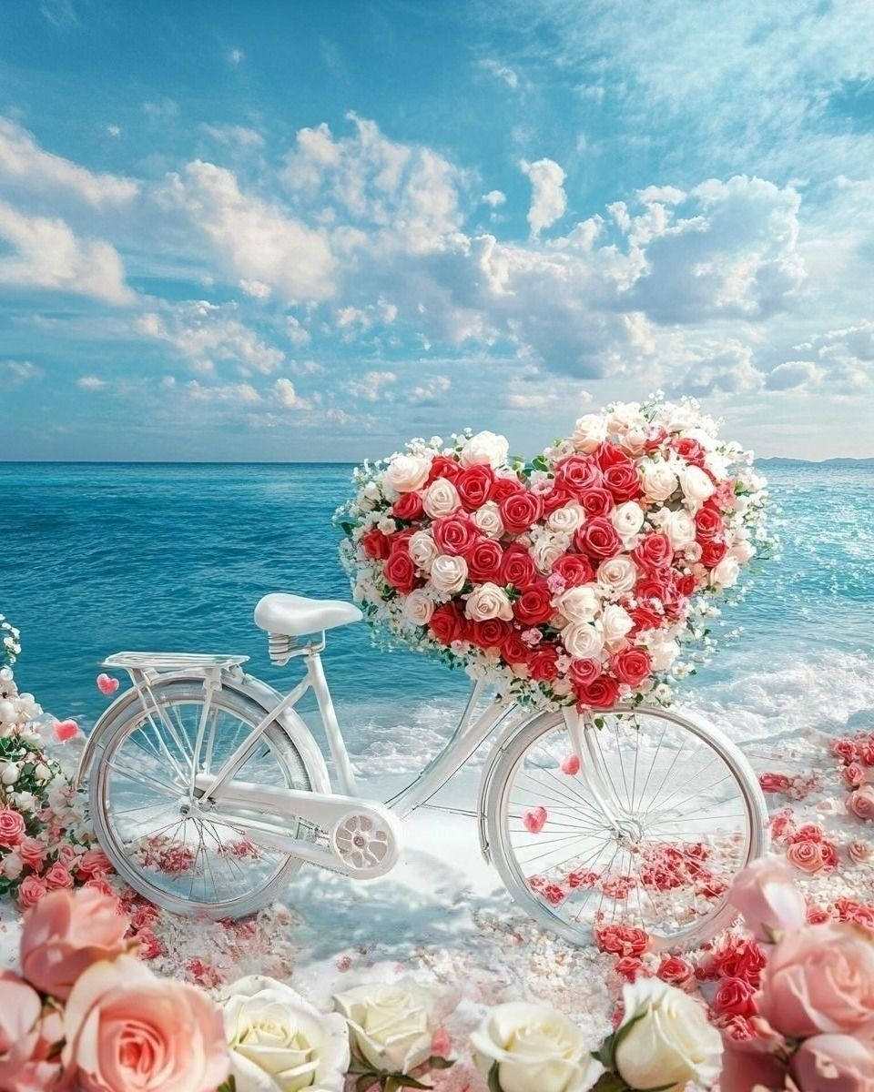White Bicycle Rose Heart Diamond Art Kit
