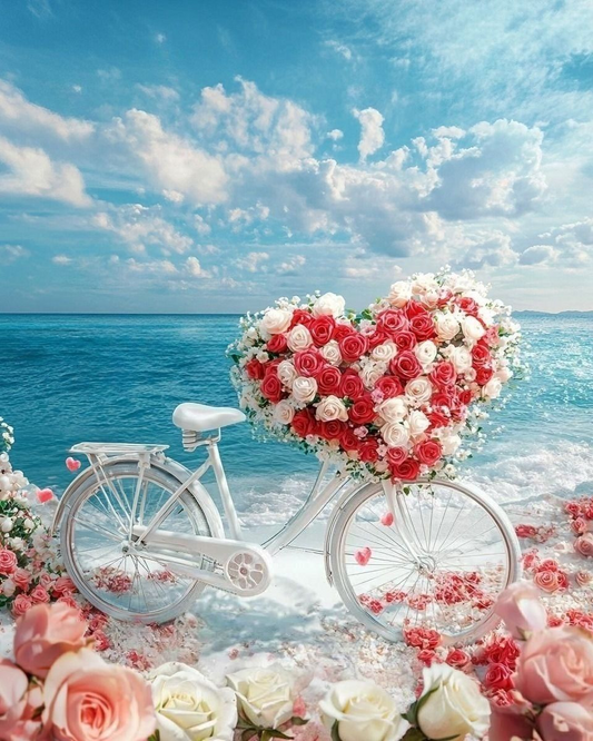 White Bicycle Rose Heart Diamond Art Kit