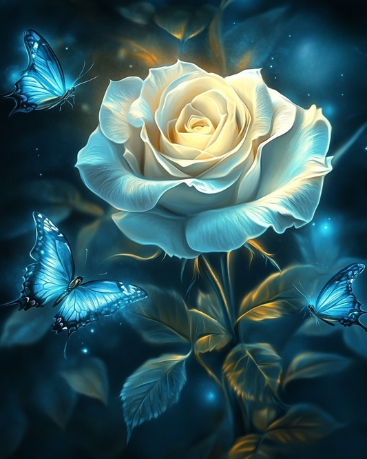 White Rose And Glow Ling Blue Butterflies Diamond Art Kit