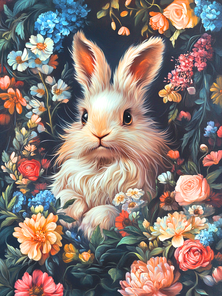 Long Hair Rabbit In Flowers Diamond Art Kit
