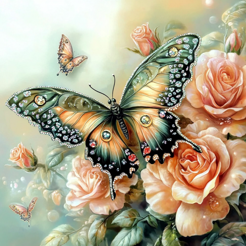 Peach Roses Green Butterfly Diamond Art Kit