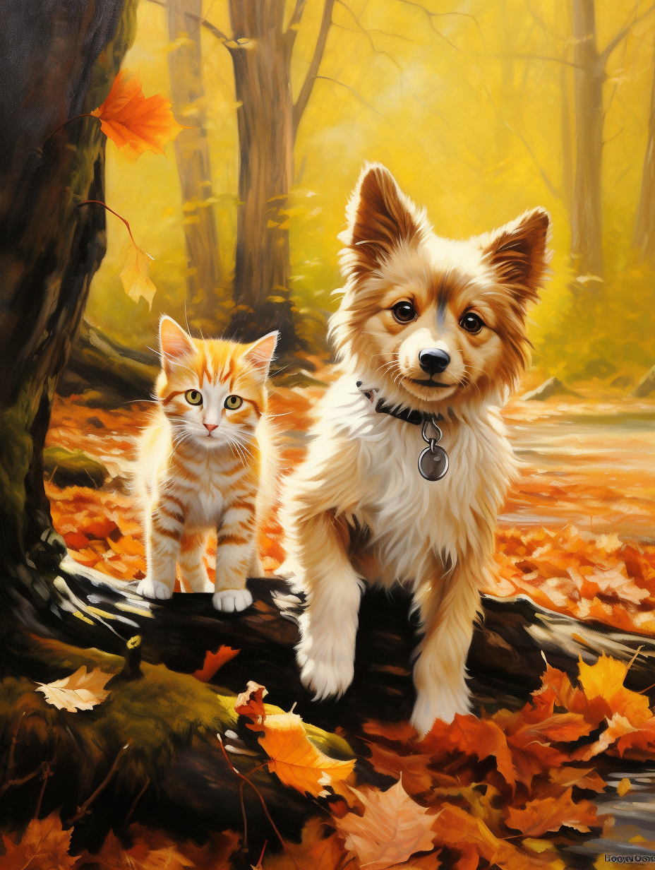 Striped Kitten Dog Autumn Tree Diamond Art Kit