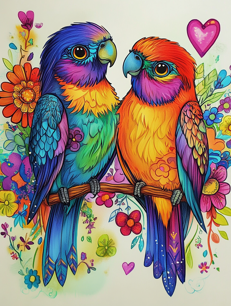 Watercolor Two Birds Hearts Diamond Art Kit