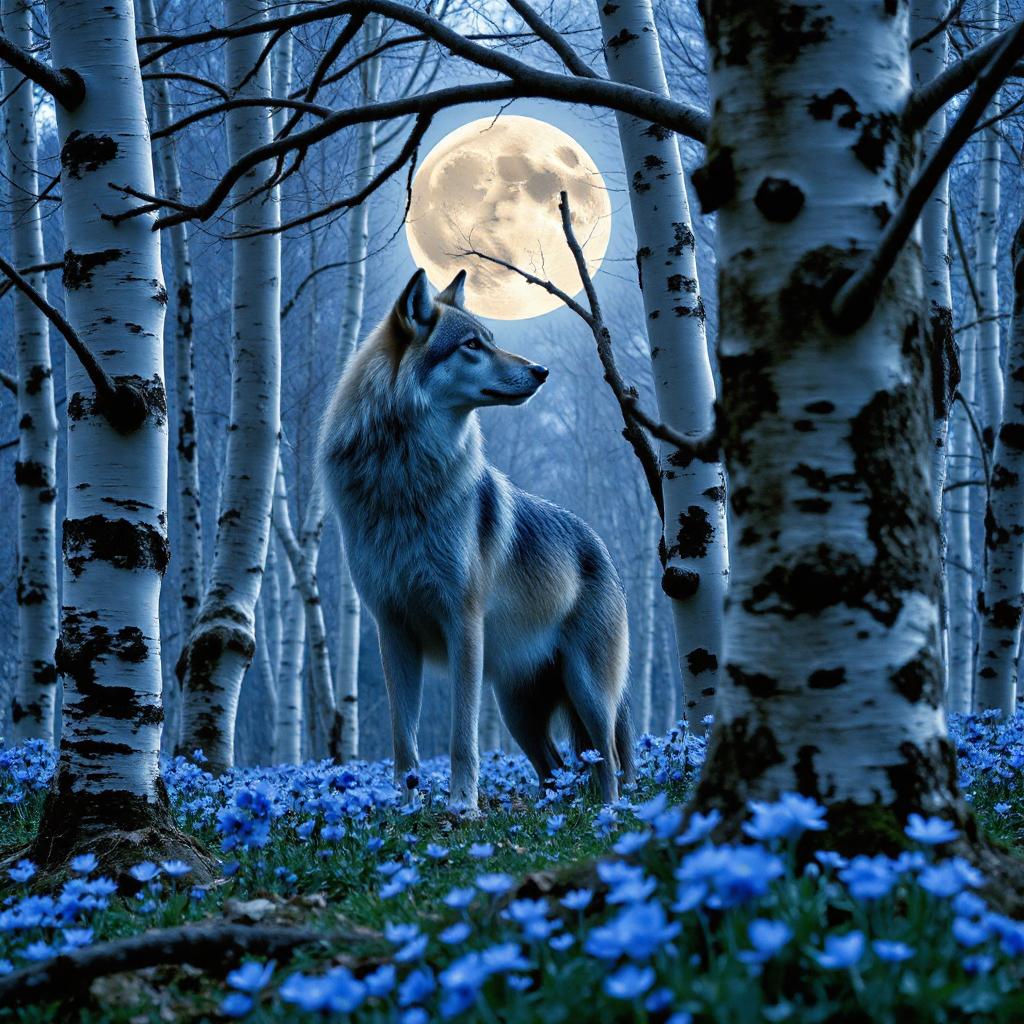 Blue Flower Full Moon Wolf Diamond Art Kit