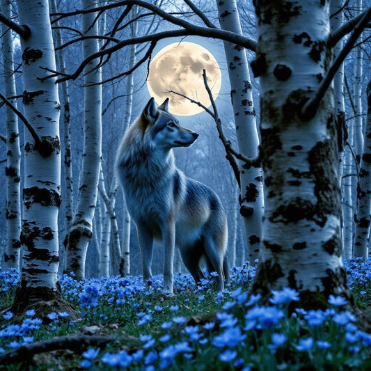 Blue Flower Full Moon Wolf Diamond Art Kit