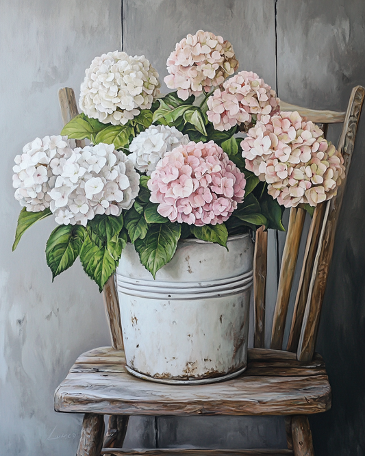 White Pail Of Pink And White Flowers Diamond Art Kit