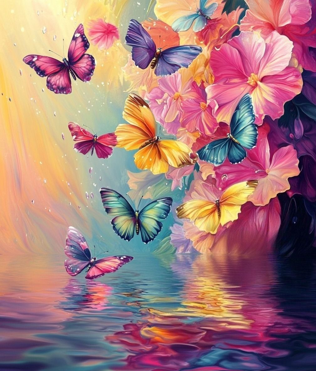 Colorful Butterflies And Pink Flowers Diamond Art Kit