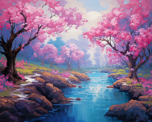 Blue Brook Pink Flower Trees Diamond Art Kit