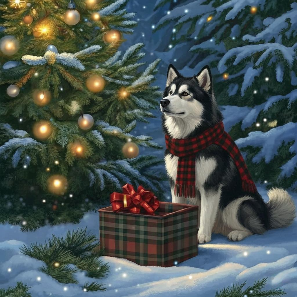 Alaskan Malamute Christmas Present Diamond Art Kit