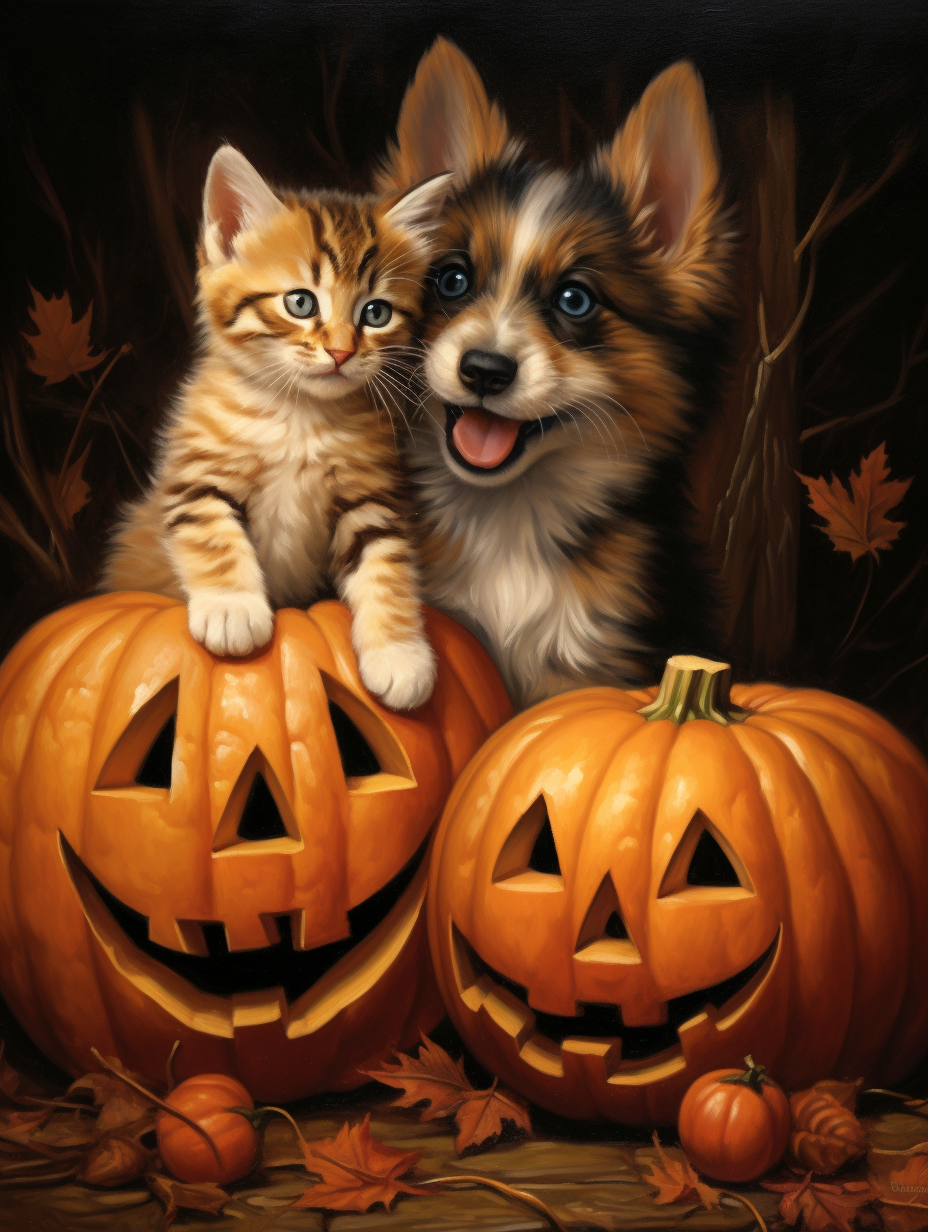 Puppy And Striped Kitten Pumpkins Diamond Art Kit