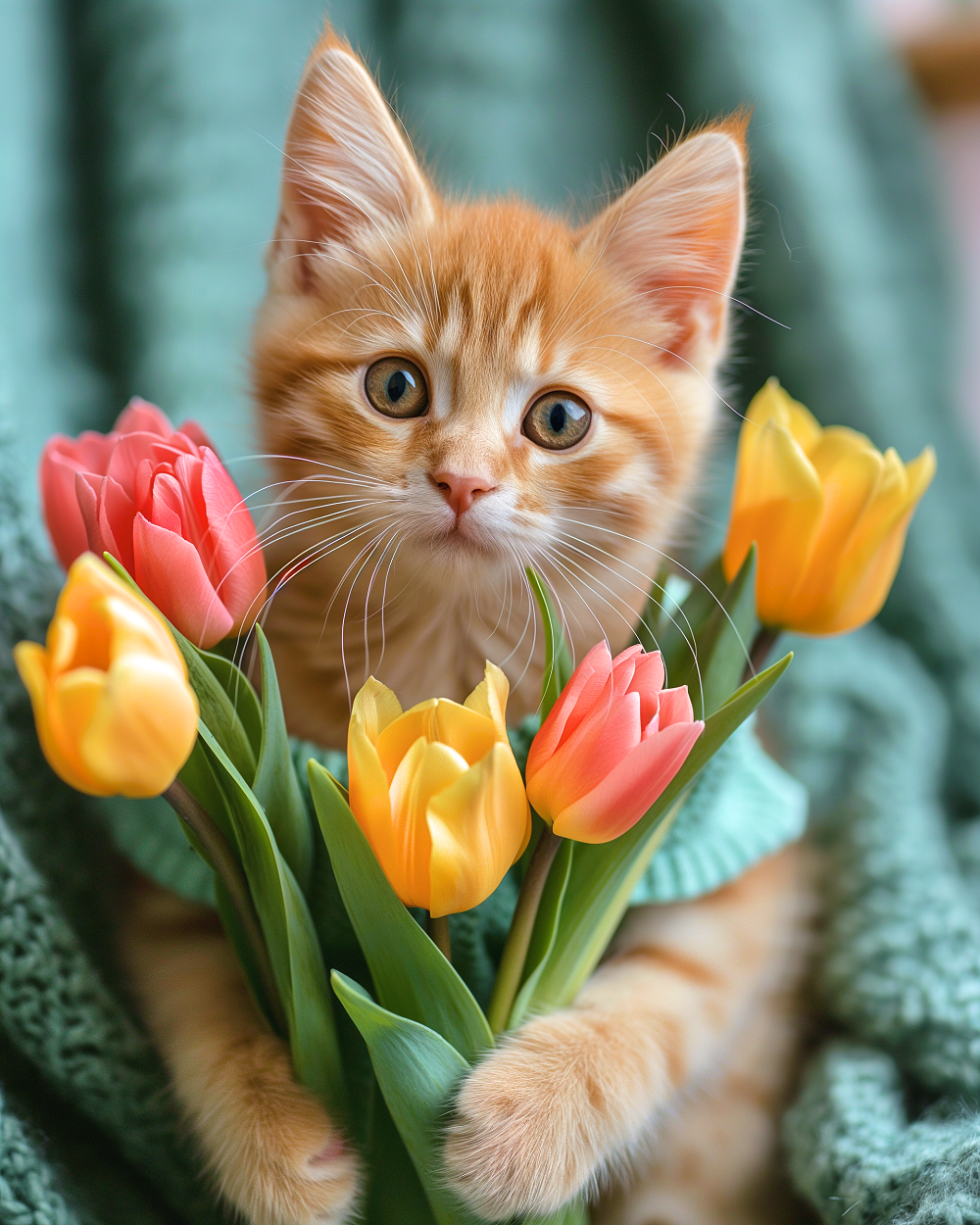 Kitten With Tulips Diamond Art Kit
