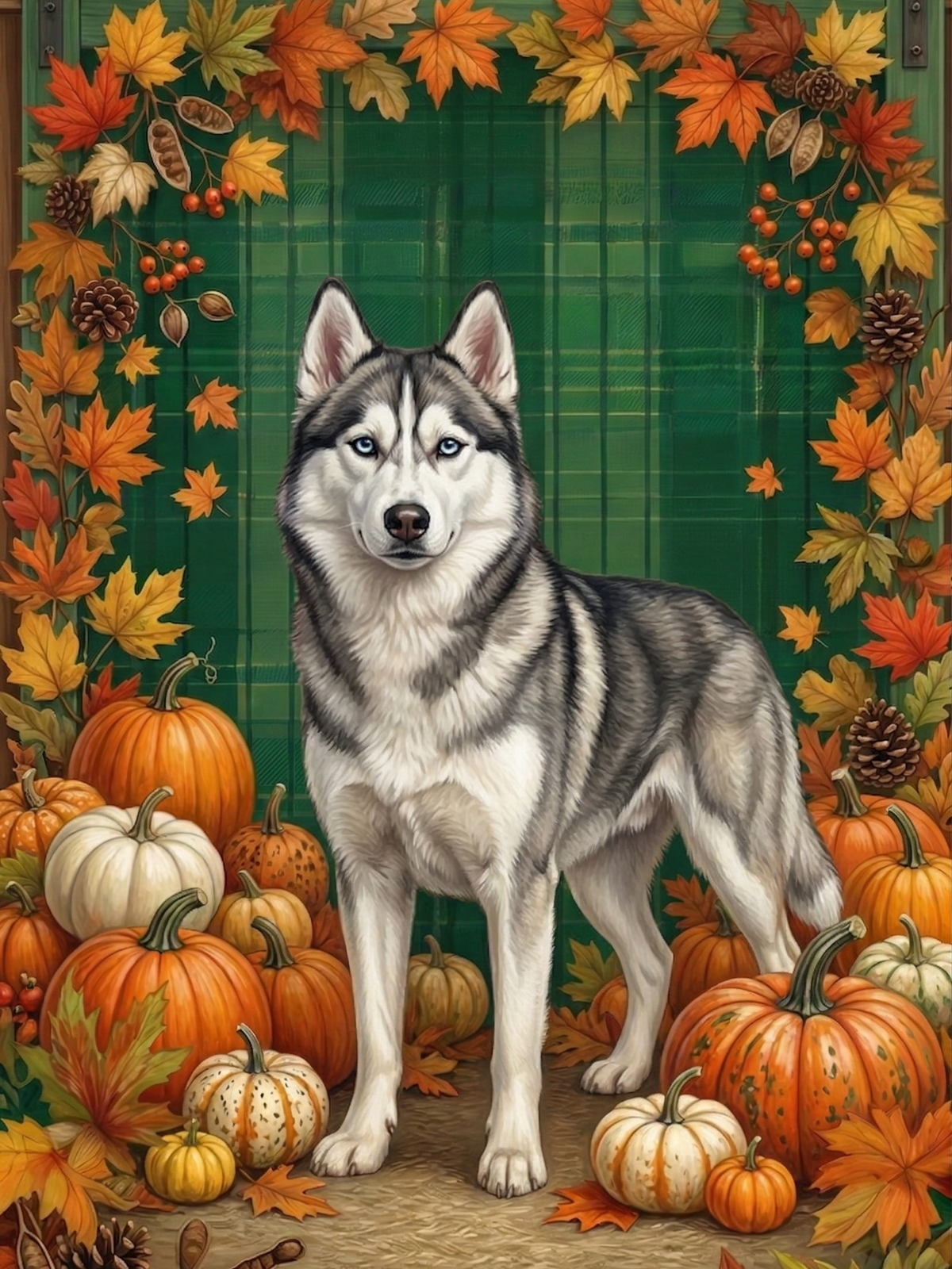 Siberian Husky In Pumpkins Diamond Art Kit