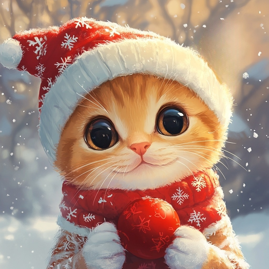 Cartoon Christmas Kitten Red Ball Diamond Art Kit