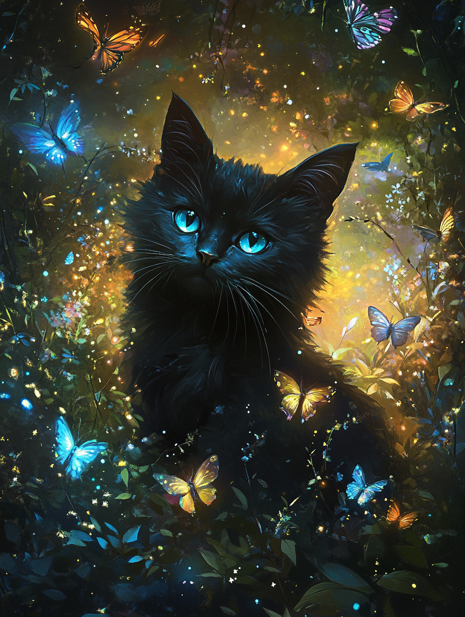 Kitten And Glowing Butterflies Diamond Art Kit