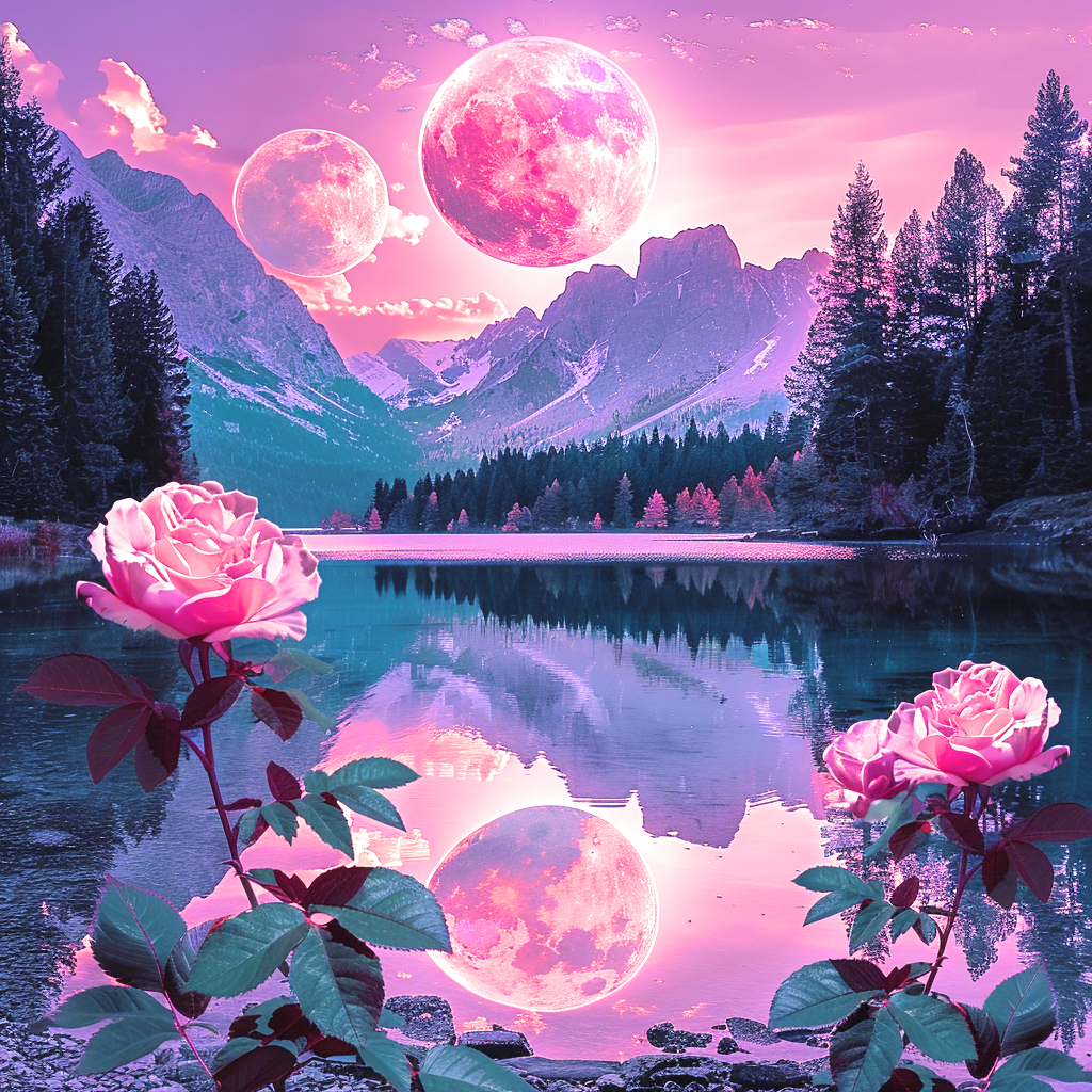 Pink Moons Reflections And Roses Diamond Art Kit