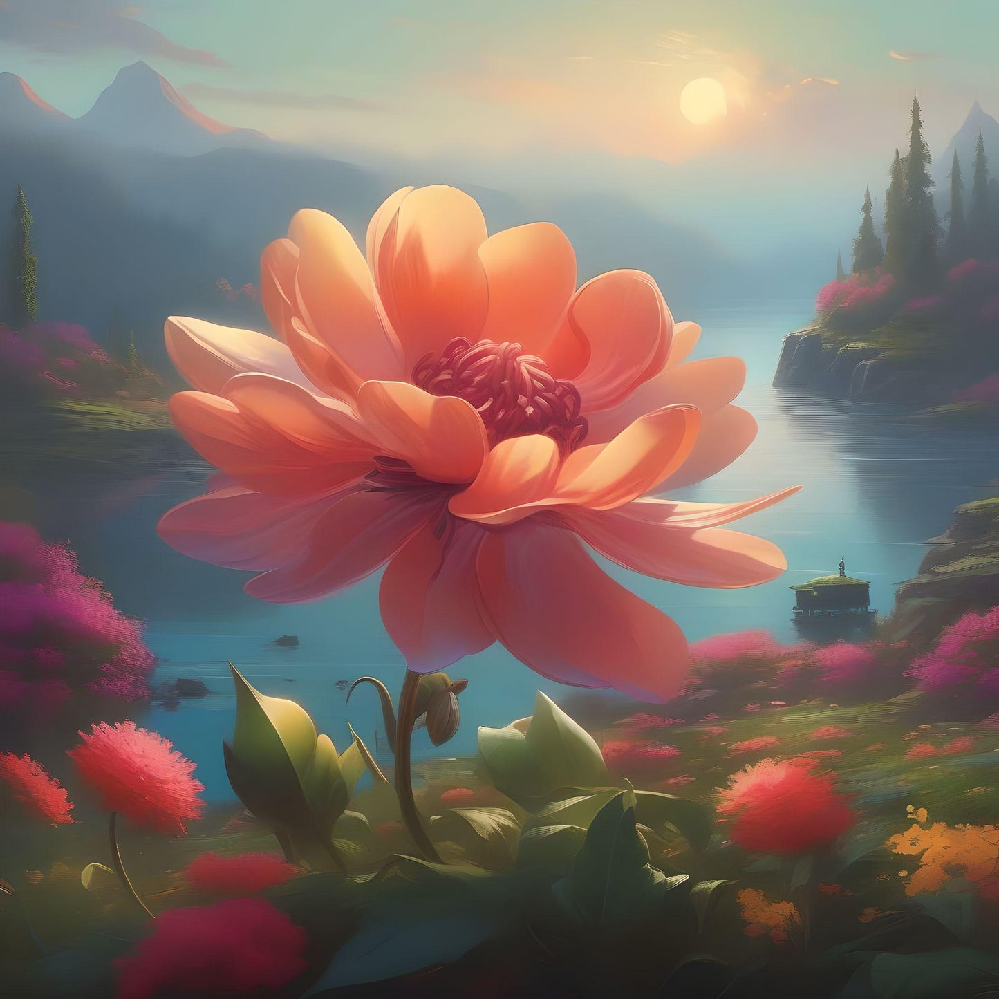 Large Peach Flower Lake Diamond Art Kit