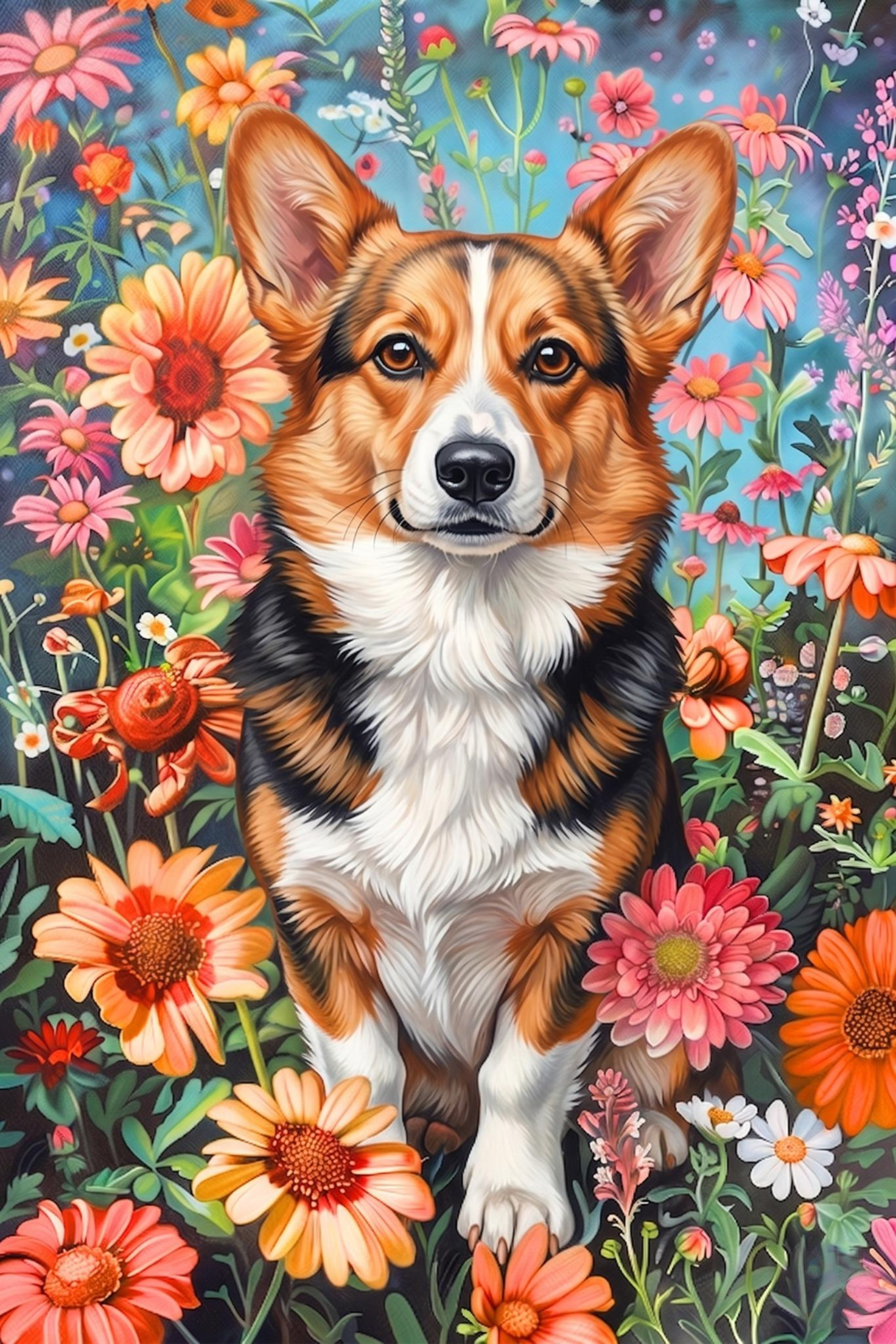 Flower Garden Corgi Diamond Art Kit