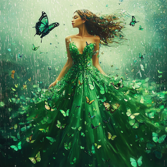 Green Butterflies Dress Woman Diamond Art Kit