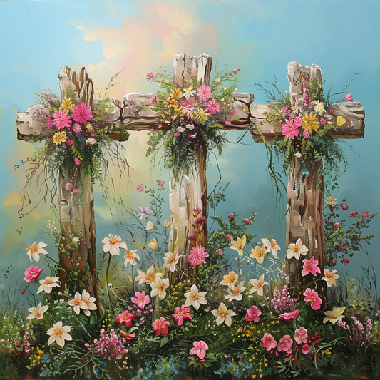 Three Crosses And Flowers Diamond Art Kit