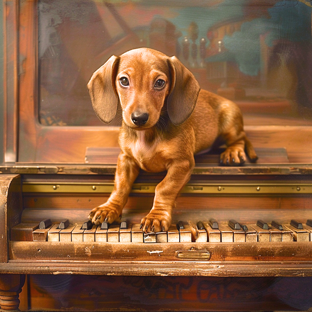 Brown Dachshund Puppy Old Piano Diamond Art Kit