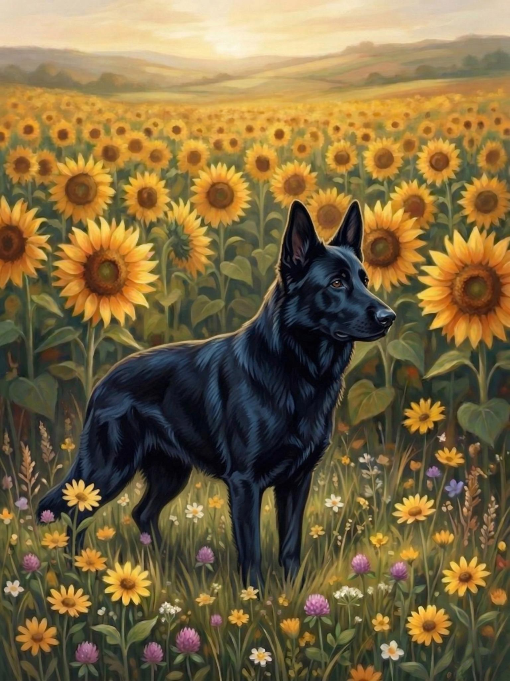 Sunflower Field Black German Shepherd Diamond Art Kit