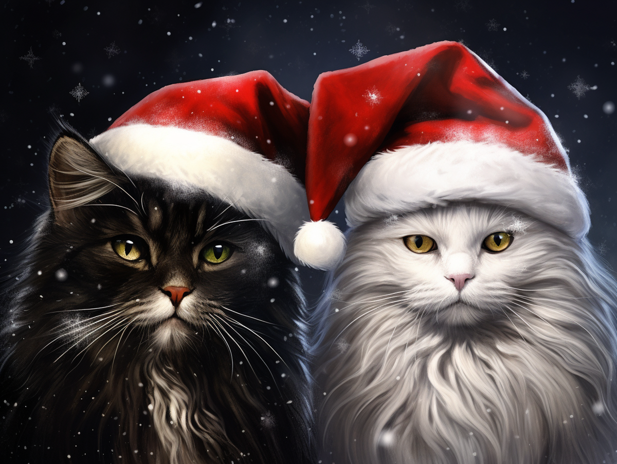 Black White Santa Hat Cats Diamond Art Kit