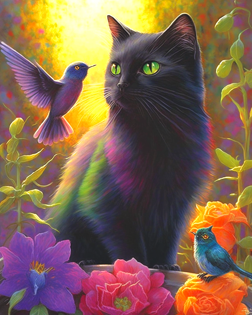 Black Cat And Hummingbirds Diamond Art Kit