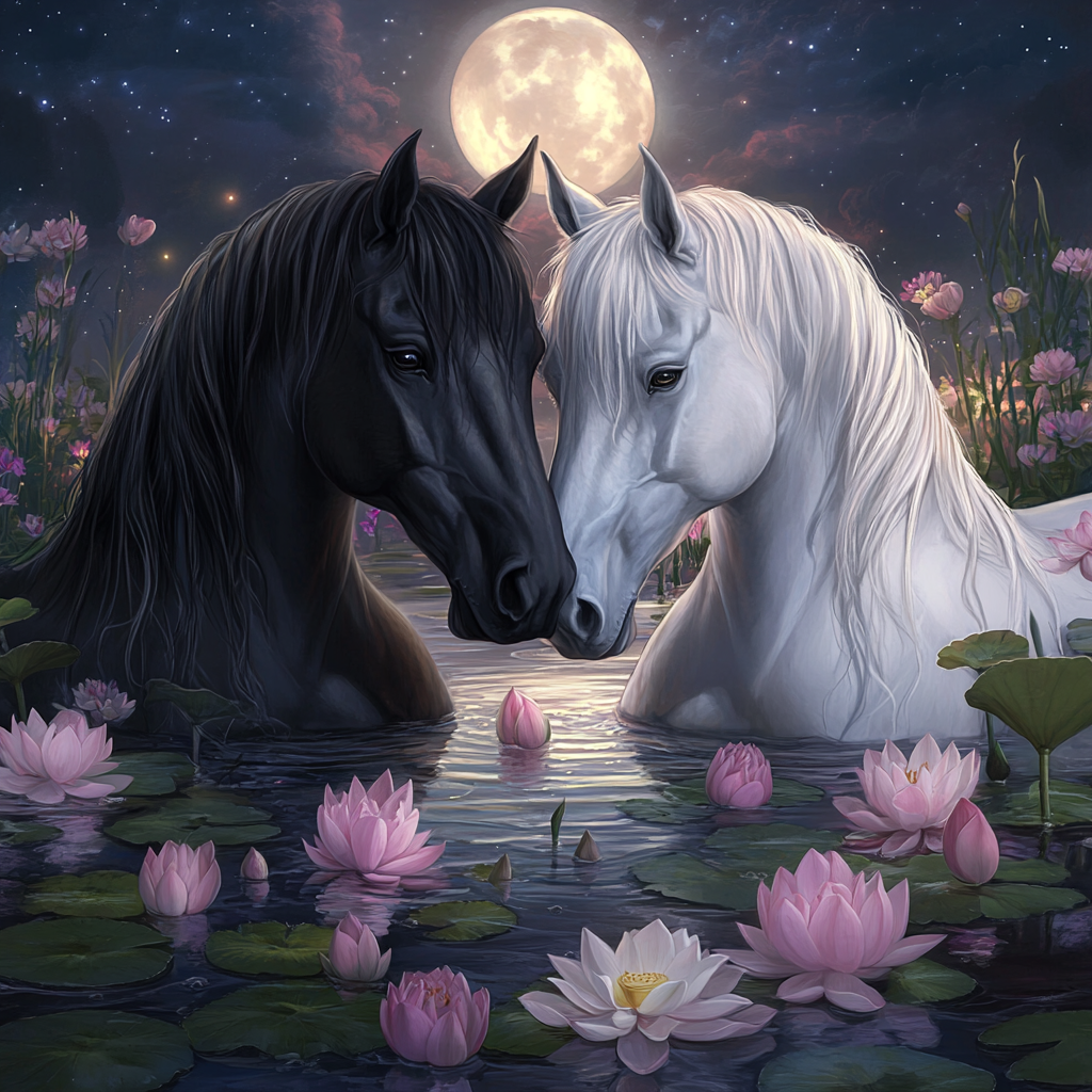 Full Moon Black White Horse Diamond Art Kit
