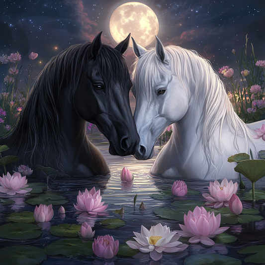 Full Moon Black White Horse Diamond Art Kit