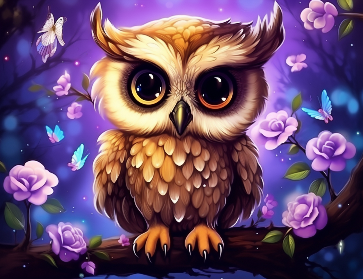 Brown Owl Purple Flowers Diamond Art Kit