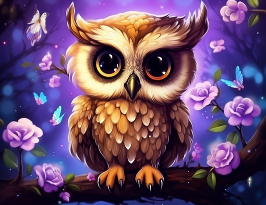 Brown Owl Purple Flowers Diamond Art Kit