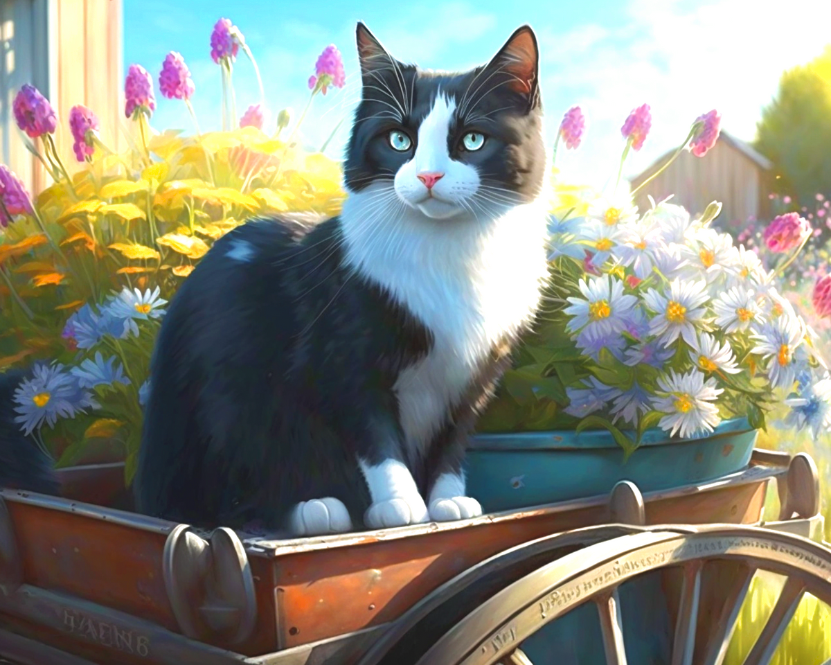 Tuxedo Cat Flowers Diamond Art Kit
