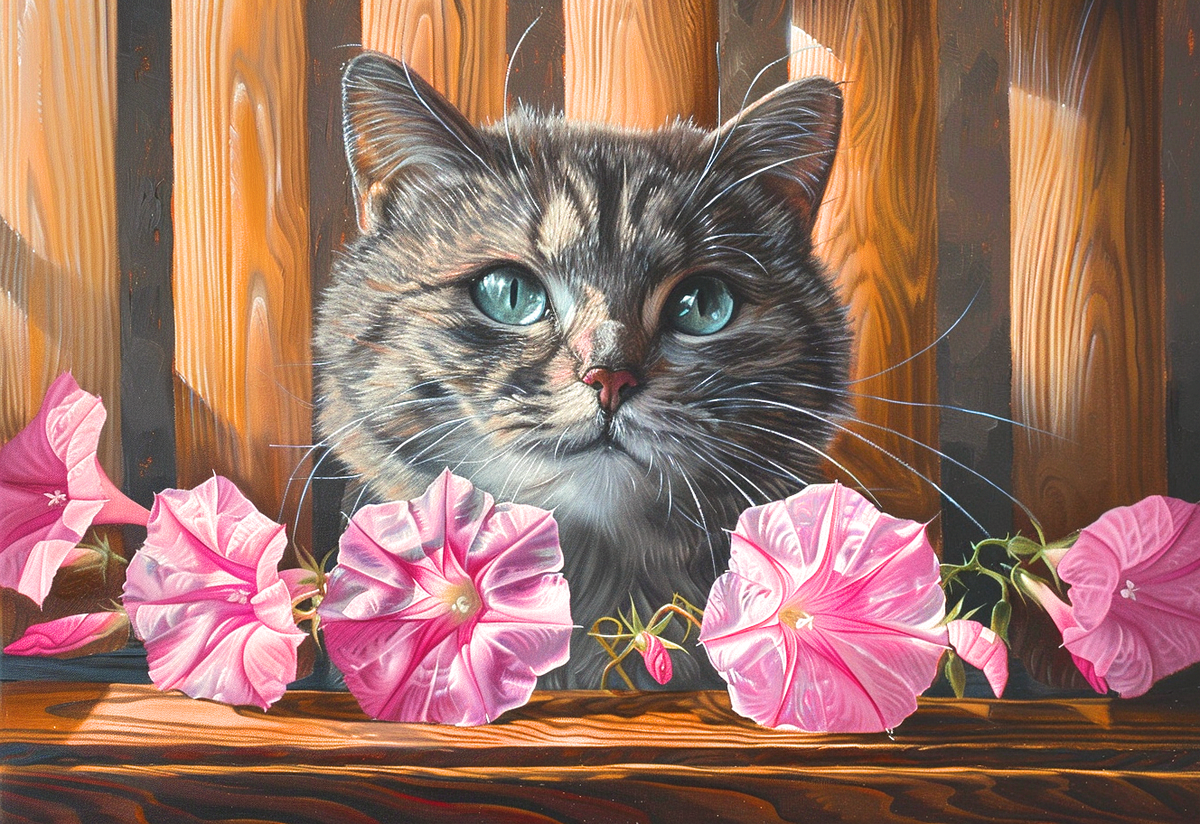 Cat Behind Pink Flowers Diamond Art Kit
