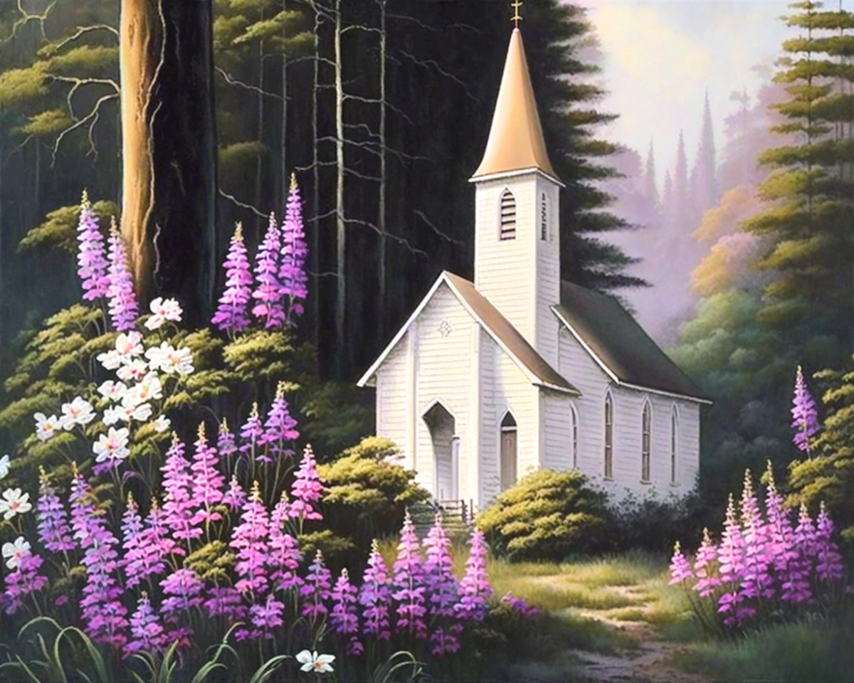 Purple Flower Church Diamond Art Kit