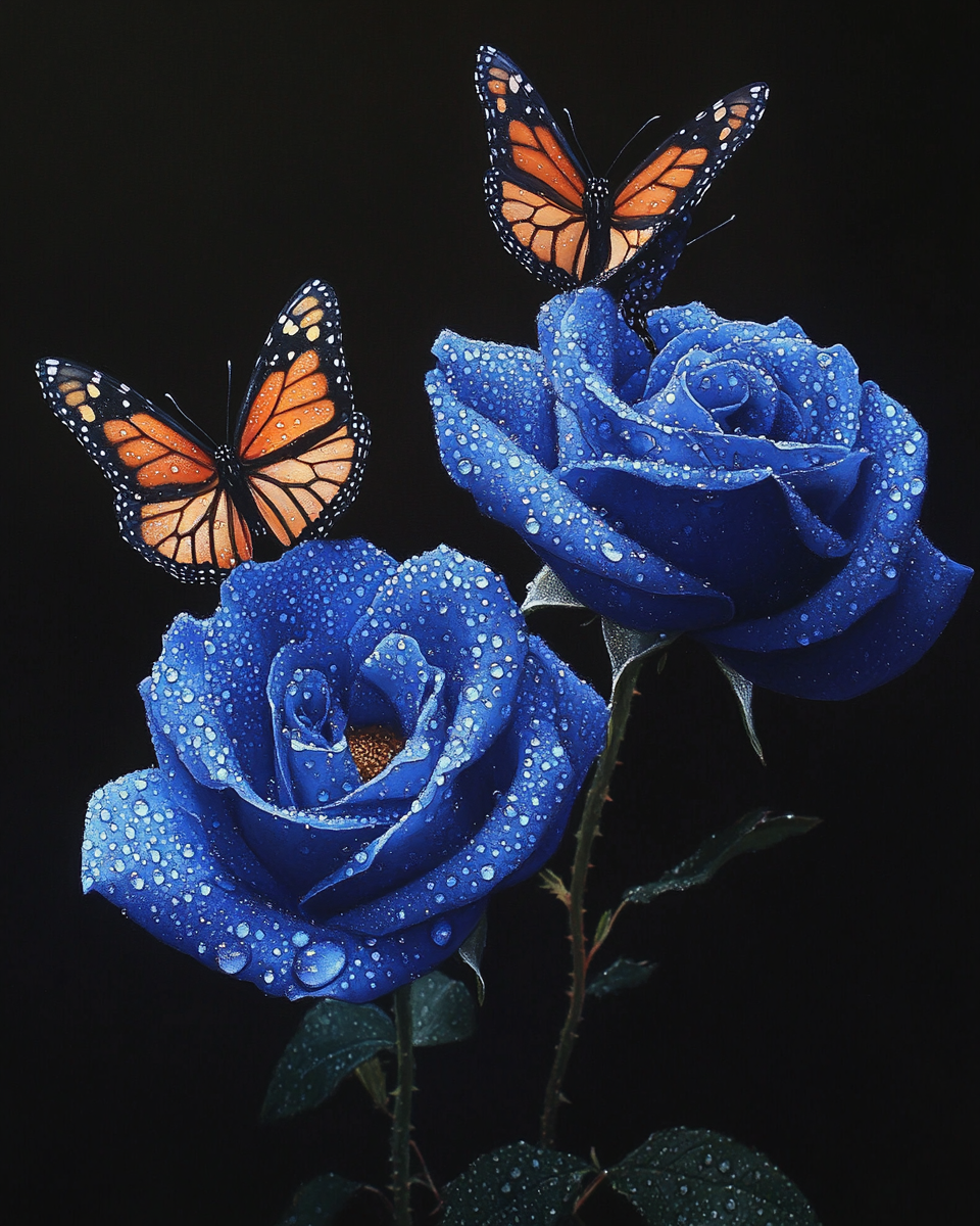 Two Dark Blue Roses Two Butterlies Diamond Art Kit