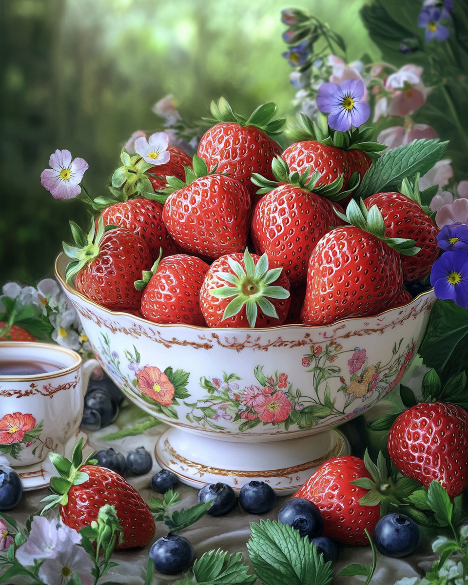 Blueberries And Strawberries Flower Bowl Diamond Art Kit