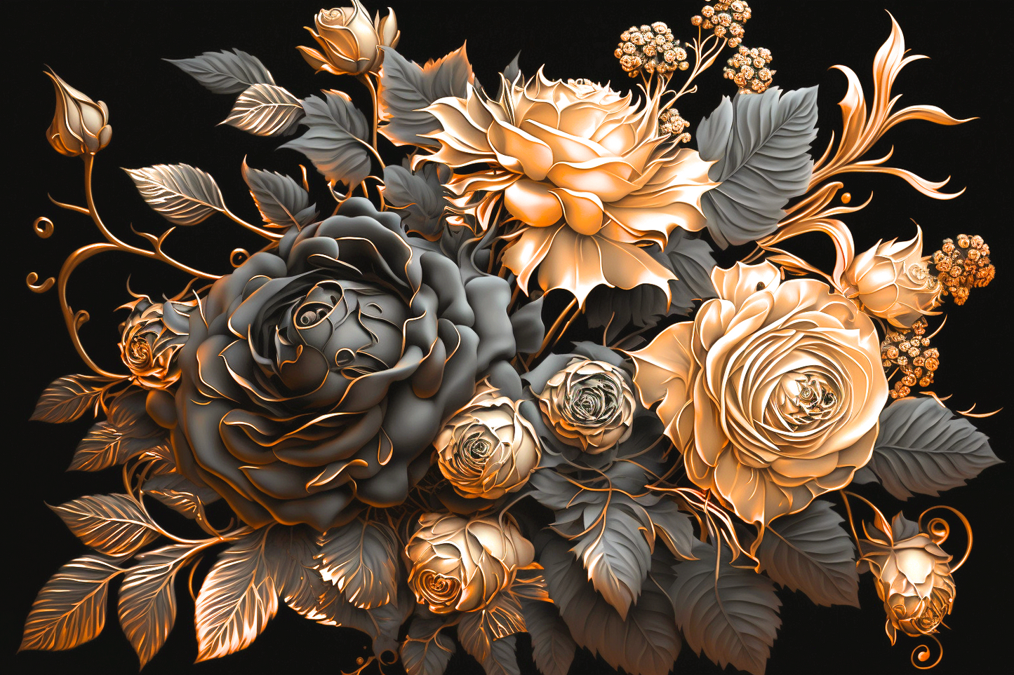 Gray And Gold Fowers Diamond Art Kit