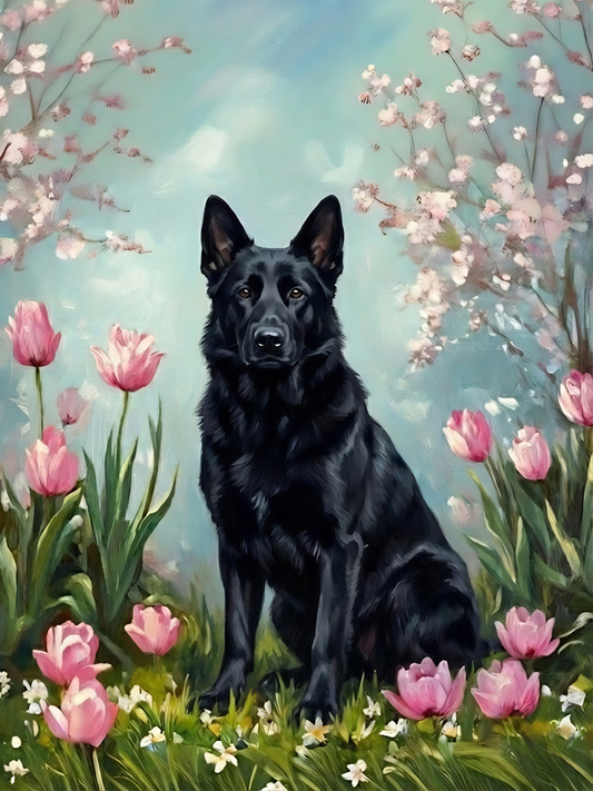 Black German Shepherd In The Tulips 1 Diamond Art Kit