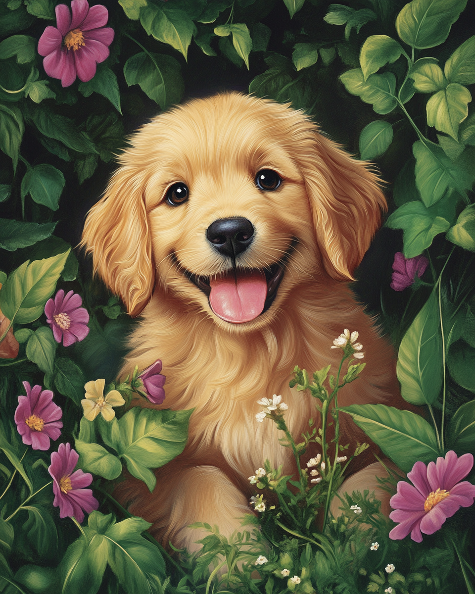 Purple Flower Golden Retriever Puppy Diamond Art Kit