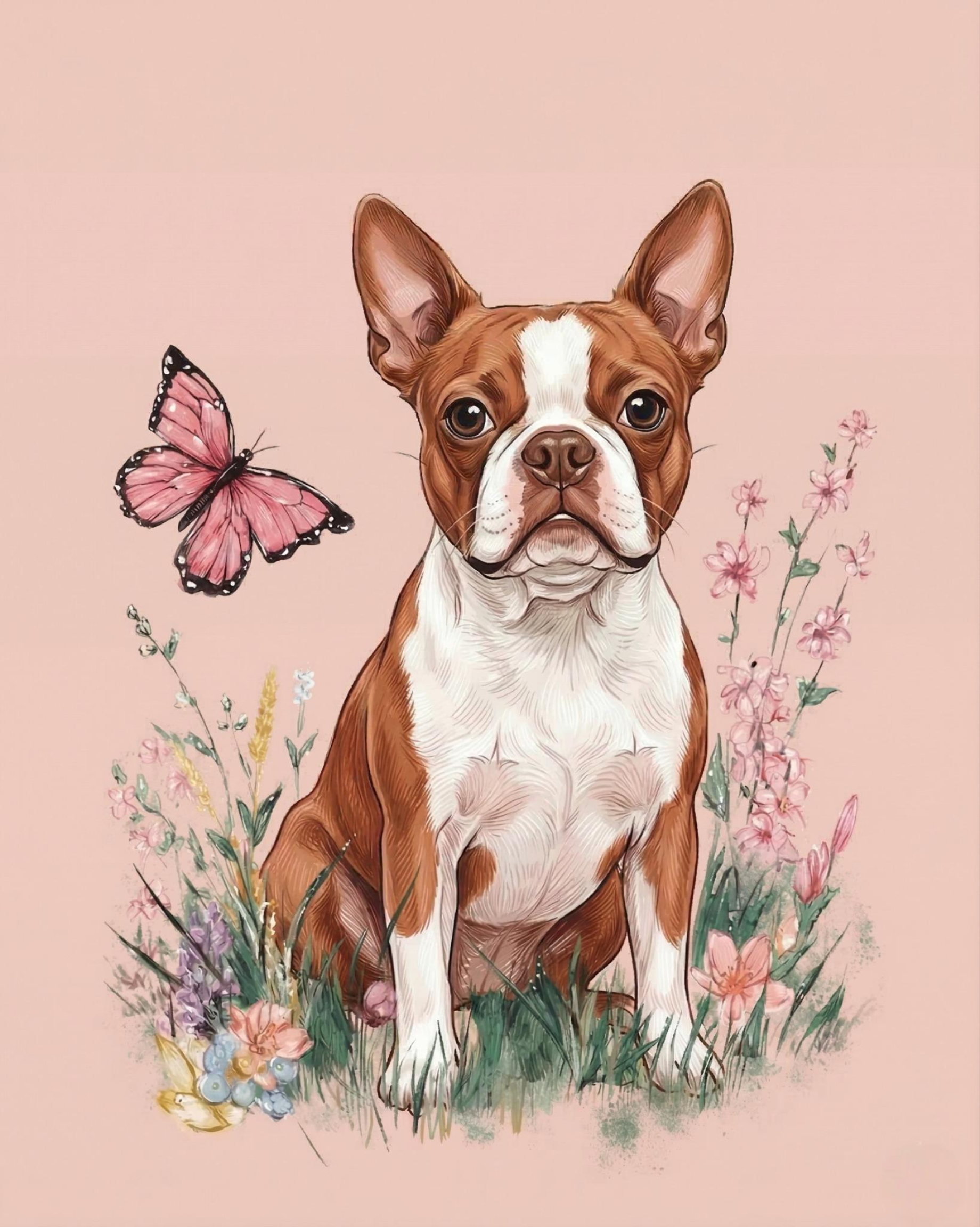 Pink Butterfly Red Boston Terrier Diamond Art Kit