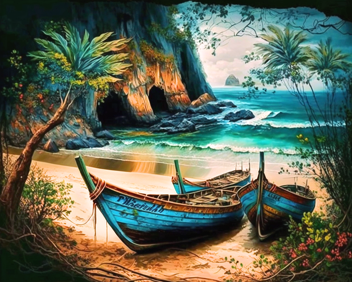 Blue Boats On The Beach Diamond Art Kit