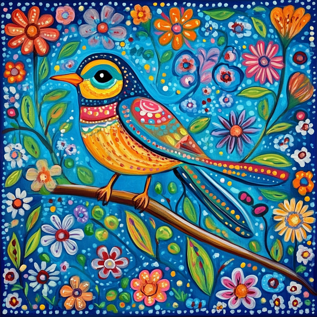 Green Leaves Bird Folk Art Diamond Art Kit