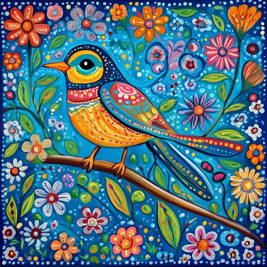 Green Leaves Bird Folk Art Diamond Art Kit