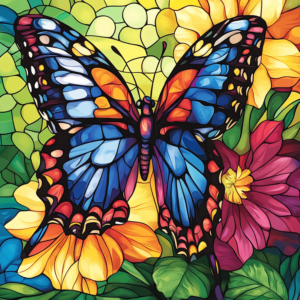 Large Flowers And Blue Colorful Butterfly Diamond Art Kit
