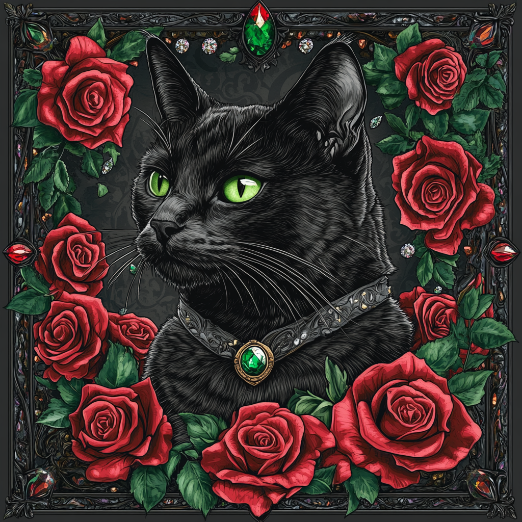 Emerald Collar Black Cat Roses Diamond Art Kit