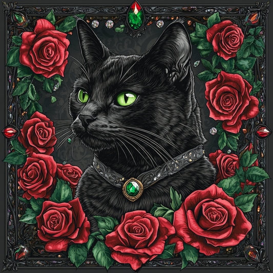 Emerald Collar Black Cat Roses Diamond Art Kit